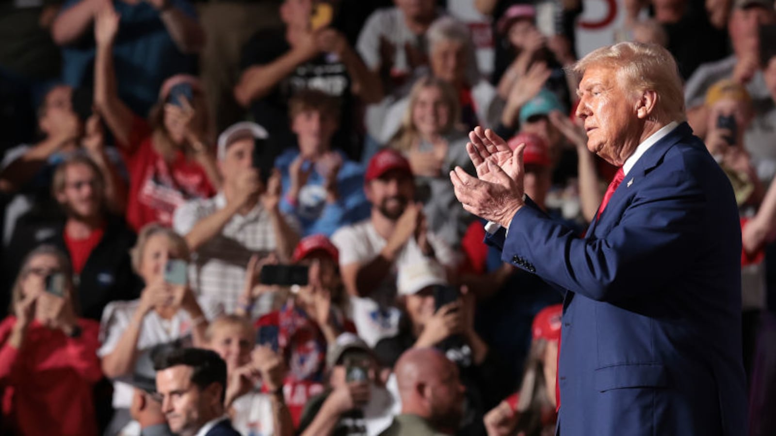 Republican presidential nominee, former U.S. President Donald Trump, departs a campaign rally at the Ed Fry Arena September 23, 2024 in Indiana, Pennsylvania.
