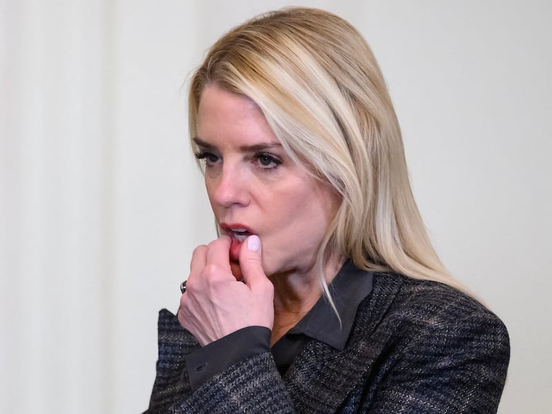 US Attorney General Pam Bondi (R) speaks with the Deputy Attorney General Todd Blanche following a ceremony with President Donald Trump and the Florida Panthers of the National Hockey League, winners of the 2025 Stanley Cup, in the East Room of the White House in Washington, DC on January 15, 2026.