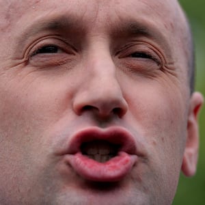 WASHINGTON, DC - MAY 09: White House Deputy Chief of Staff Stephen Miller talks to reporters outside of the White House West Wing on May 09, 2025 in Washington, DC. Miller talked about recent federal court rulings on immigration, calling them part of a "judicial coup" against the administration of President Donald Trump. (Photo by Chip Somodevilla/Getty Images)