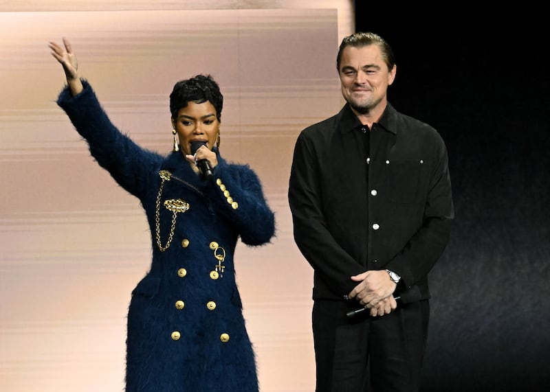 Teyana Taylor, Leonardo DiCaprio at the Warner Bros. Pictures "The Big Picture" Presentation Press Line as part of CinemaCon 2025 at Caesars Palace on April 01, 2025 in Las Vegas, Nevada.