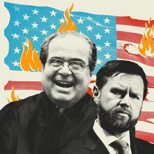 Antonin Scalia and JD Vance in front of a distressed and burnt American flag with flames on it