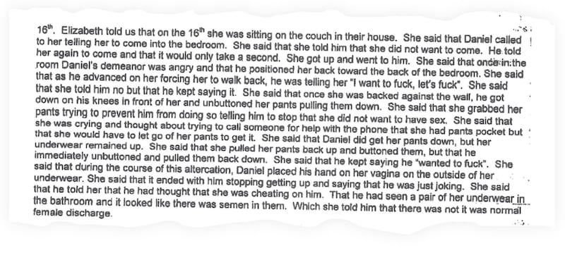A snippet from the police report taken the night of Daniel Halseth’s altercation with his ex-wife.