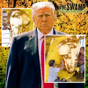 A photo illo illustration of Donald Trump for The Swamp, and the painting of the historic Arts of War and Arts of Peace statues in DC.