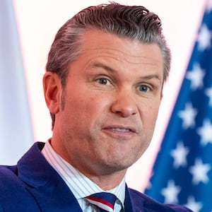 Pete Hegseth during a news conference in Warsaw, Poland, on February 14, 2025.