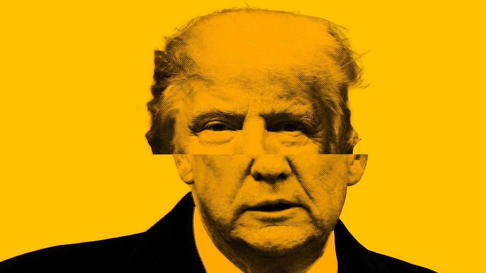 Photo illustration of Donald Trump with his head split in half horizontally