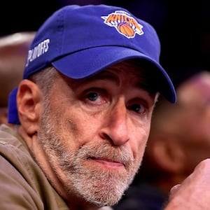 Jon Stewart looks on in Game Six of the Eastern Conference Second Round NBA Playoffs between the New York Knicks and the Boston Celtics at Madison Square Garden on May 16, 2025, in New York City.