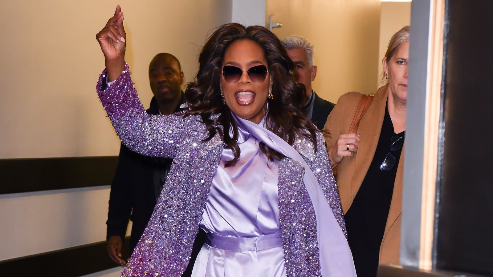 Oprah Winfrey leaves the Empire State Building on December 12, 2023.