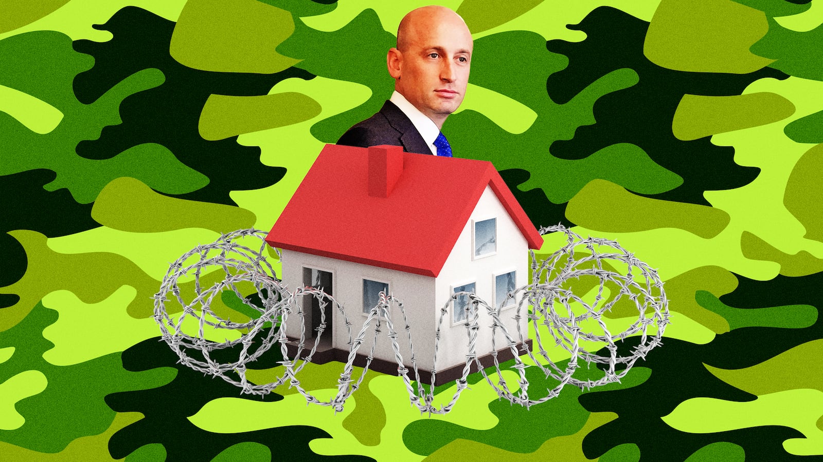 A photo illustration of Stephen Miller, a suburban home wrapped in barbed wired, and woodland camouflage background.