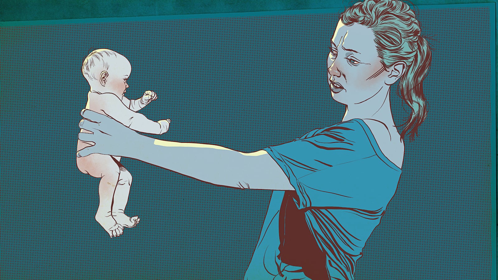 illustration of mom holding child at arm's length in blue and maroon postpartum depression zulresso fda approved expensive drug anxiety