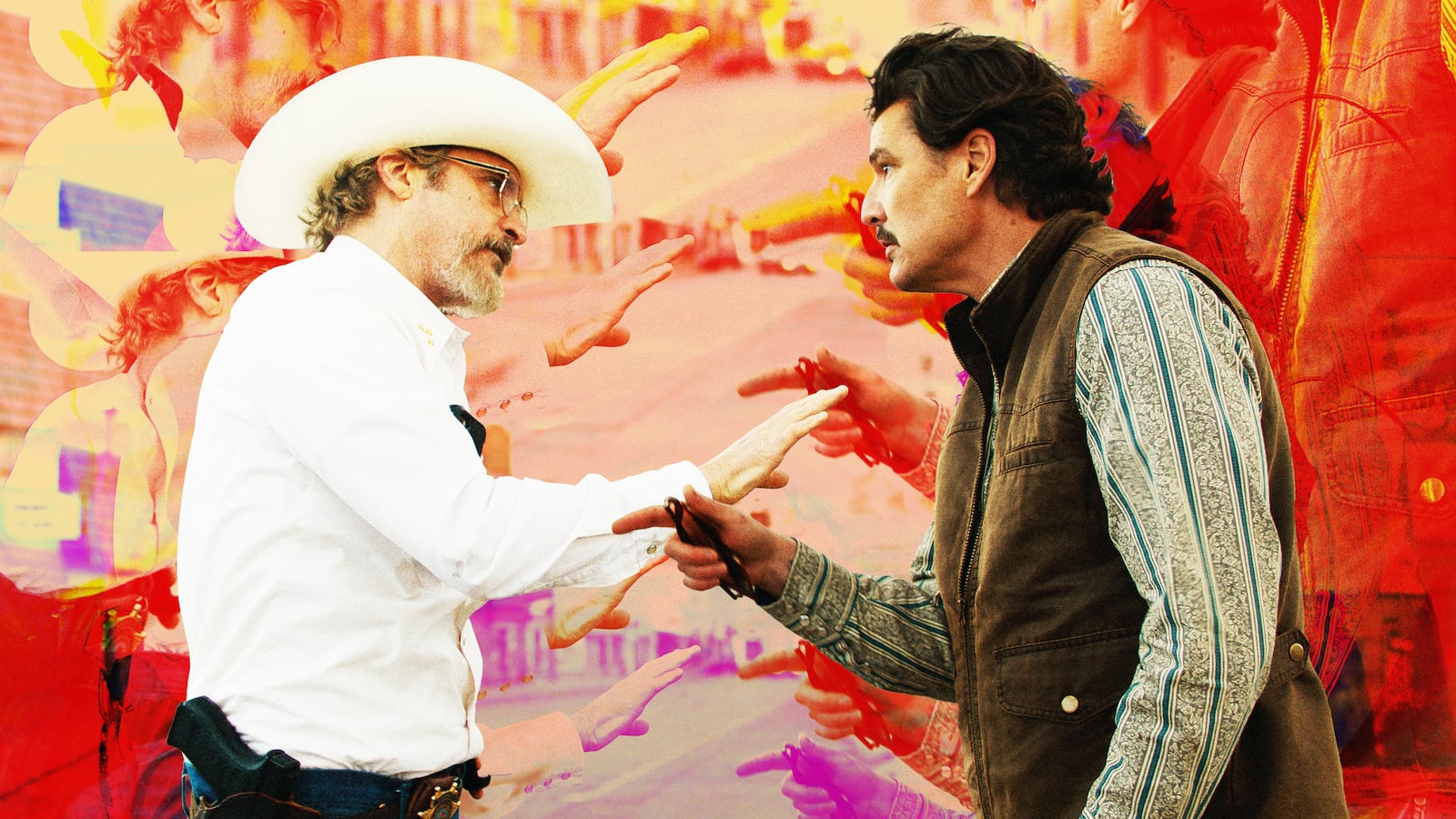 A photo illustration of Joaquin Phoenix and Pedro Pascal in the A24 film "Eddington."