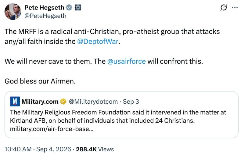Defense Secretary Pete Hegseth vows to fight back against a group protecting religious freedom and the separation of church and state.